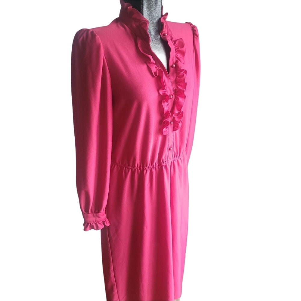 Vintage Ruffled Puffed Long Sleeve Dress In Red Size M - Picture 4 of 7
